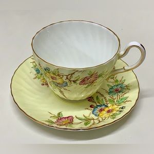 Vintage Gold Trim Yellow Floral EB FOLEY Bone China Swirl Ribbed Cup & Saucer